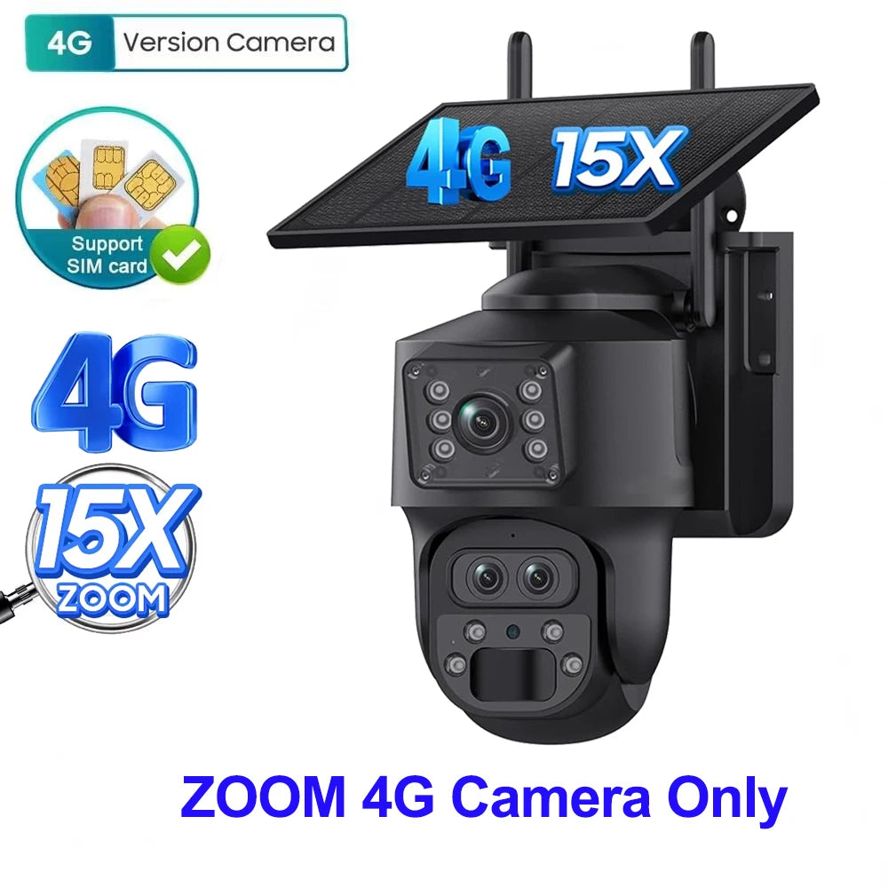 SHIWOJIA 15X ZOOM Solar Camera 4G 12MP Three Lens 360° View 5W Solar Panel Security Outdoor PTZ IP Camera 7800mAh Battery UBOX