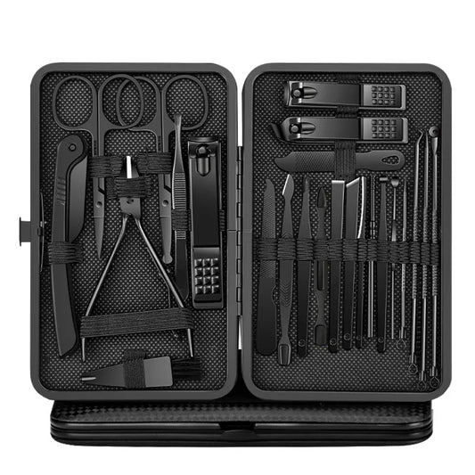 8-24Pcs Manicure Pedicure Kit Black Stainless Steel Nail Clipper Set Professional Cuticle Grooming Tools with Hard Storage Case