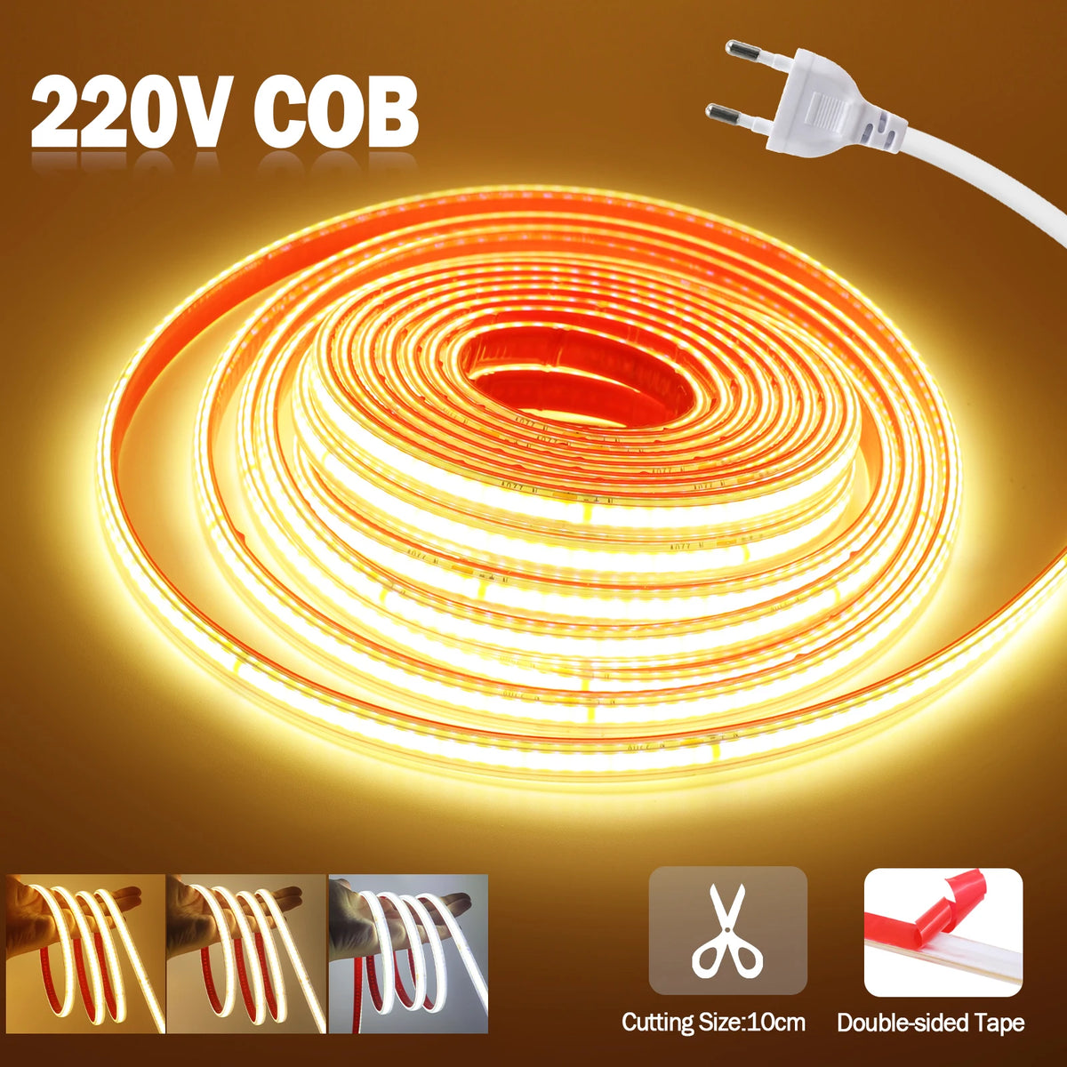 AC 220V COB Strip IP65 Waterproof 10CM Cut 240Leds/M 3000K 4000K 6000K Home Decor Flexible Ribbon Rope Tape LED Light