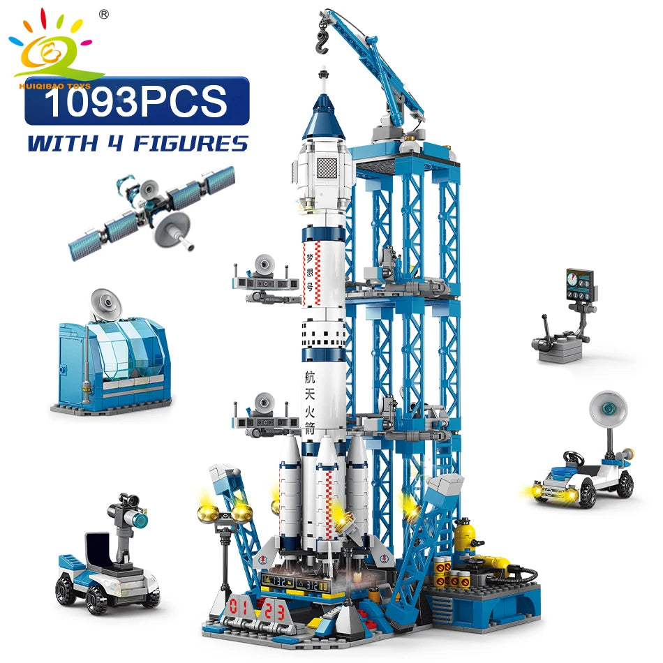 HUIQIBAO Space Aviation Manned Rocket Building Blocks With Astronaut Figure City Aerospace Model Bricks Children Toys for Kids