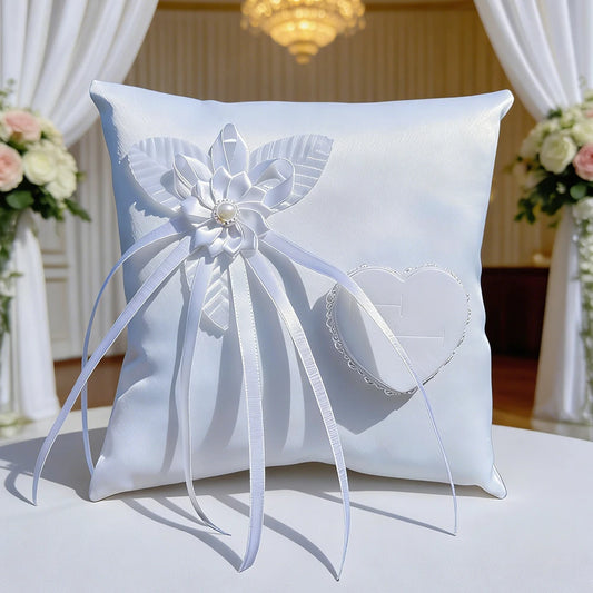 Elegant White Satin Floral Wedding Ring Pillow with Pearl Flower & Heart-Shaped Ring Holder for Bridal Ceremony