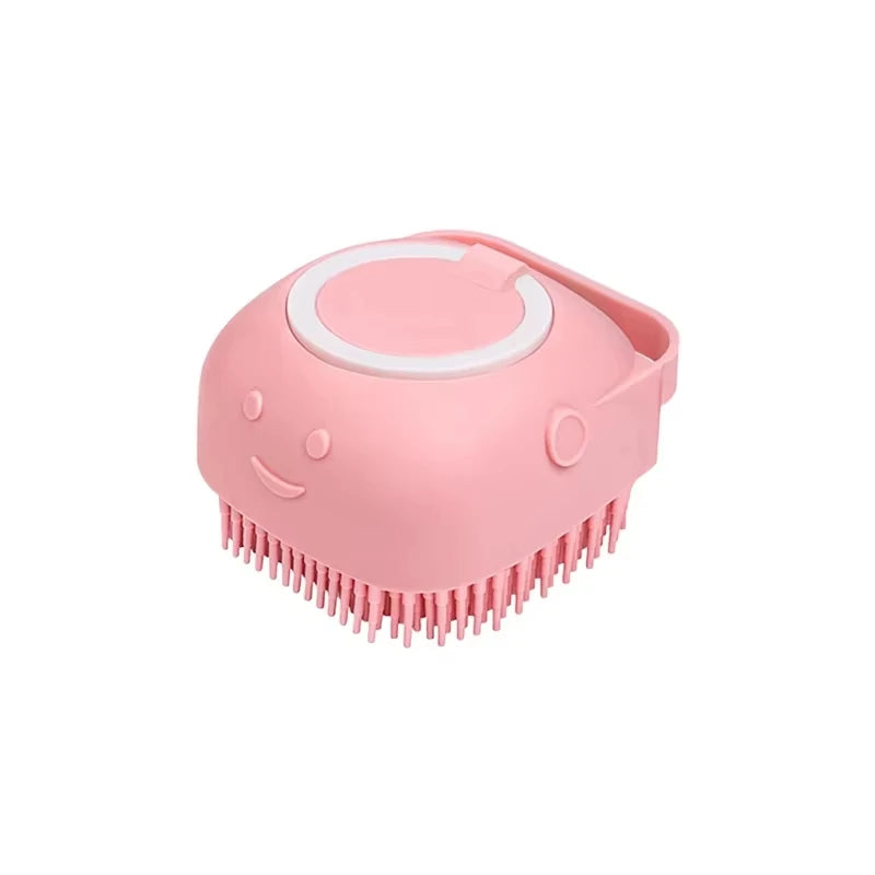 Silicone Soft Rubber Pet Massage Shower Brush with Builtin Shampoo Storage Self Cleaning Detangling for Dogs Cats Grooming Brush