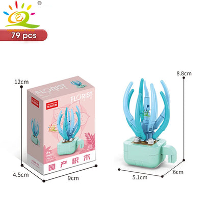 HUIQIBAO MOC Flower Succulent Potted Model Building Block DIY Eternal Bouquet Home Desk Plant Decor Brick Girl Gift Children Toy