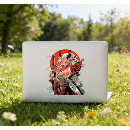 1Pc Japanese Demon Samurai Anime Girl Vinyl Sticker, Waterproof Decal For Car Motorcycle Laptop Window Decor, Holiday Gift
