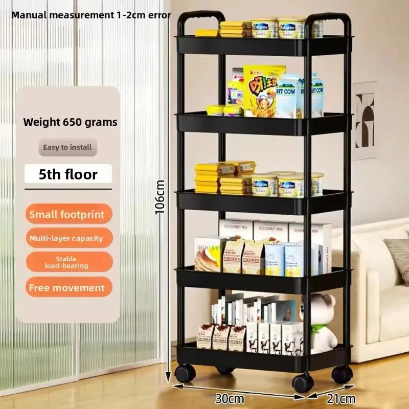 5-Tier Kitchen Storage Shelf Rolling Cart Mobile Trolley Rack with Wheels for Snacks Fruits Vegetables Bathroom Home Organizer ﻿