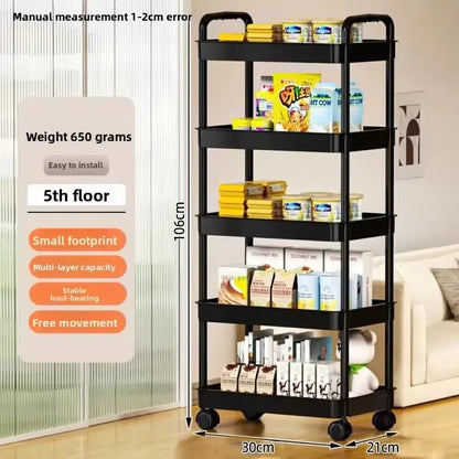 5-Tier Kitchen Storage Shelf Rolling Cart Mobile Trolley Rack with Wheels for Snacks Fruits Vegetables Bathroom Home Organizer ﻿