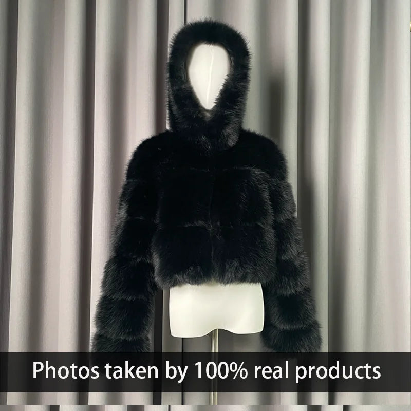 Winter Warm Ladies Fake Fox Fur Jacket Short Fashion Hooded Artificial Fox Fur Coat High Quality Women's Cropped Fur Coat Black