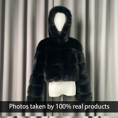 Winter Warm Ladies Fake Fox Fur Jacket Short Fashion Hooded Artificial Fox Fur Coat High Quality Women's Cropped Fur Coat Black