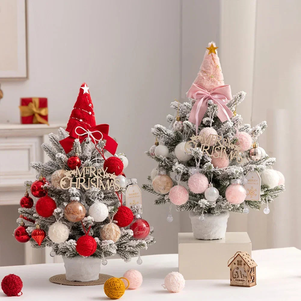 2025 Mini Flocking Christmas Tree with Golden Red Ball Led Lights Desktop New Year Home Christmas Decorations