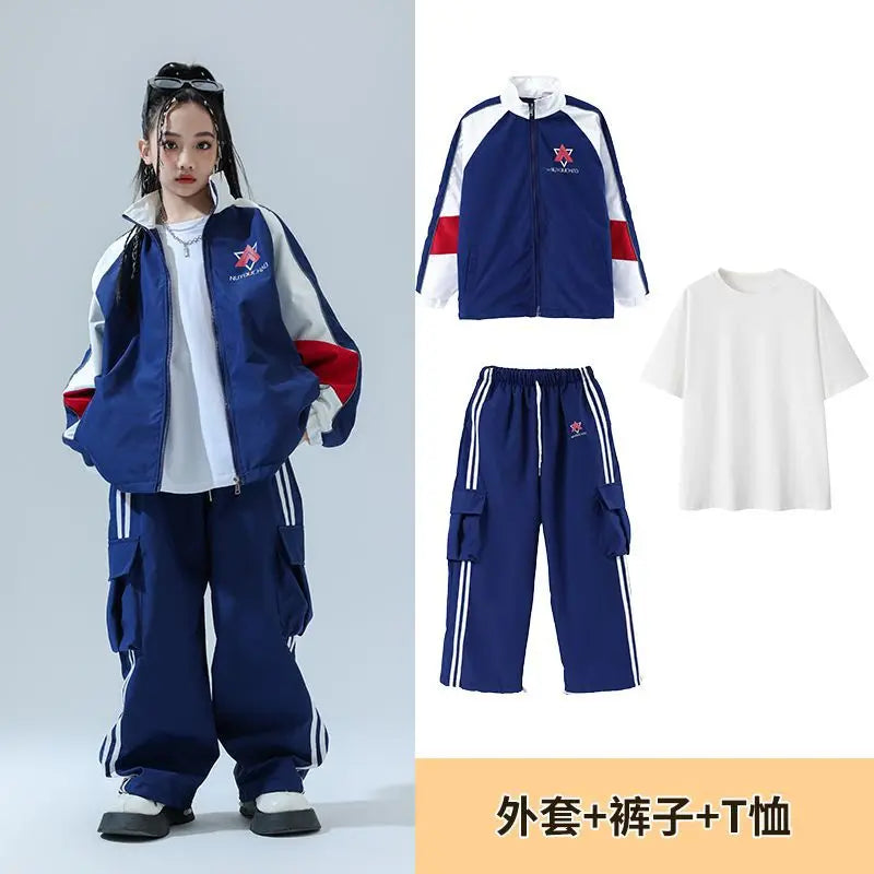 Kid Cool Hip Hop Clothing Navy Blue Zip Up Windbreaker Jacket Coat Top Casual Wide Pants for Girl Boy Jazz Dance Costume Clothes