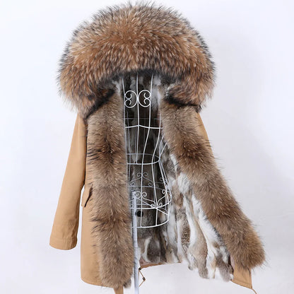 2026 Maomaokong Women's Winter Coats Rabbit Lining Jacket Natural Real Raccoon Fur Collar Parka Fox Fur Long Female Clothing
