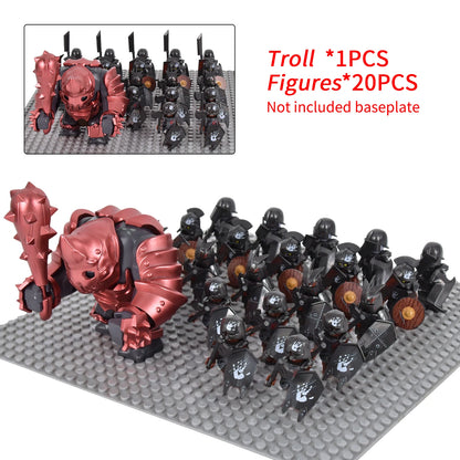 Orc Warrior Block Figures Set, Giant Troll Monster + 20Pcs Armored Soldier Models, Fantasy Army Building Bricks, Detailed Armor