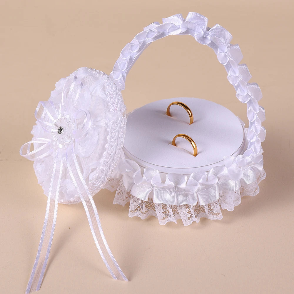 White Lace Heart Shaped Wedding Ring Box with Handle, Bridal Ring Bearer Pillow Box for Ceremony, Engagement Ring Holder Gift