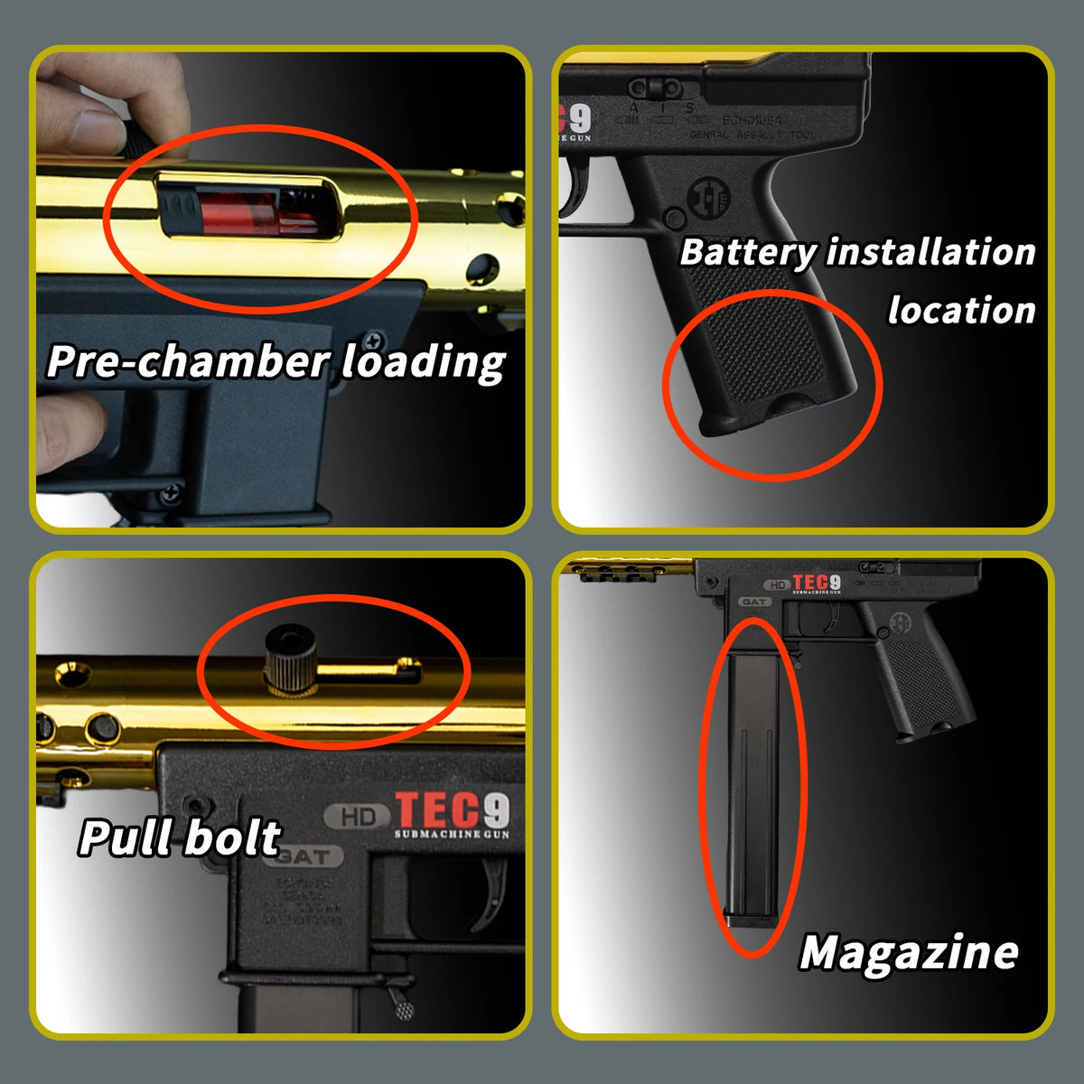 High-performance TEC-9 Gel Ball Toy Gun Orbeez Launcher, Modular Battery, Electric Pre-loading Magazine, No Bullets