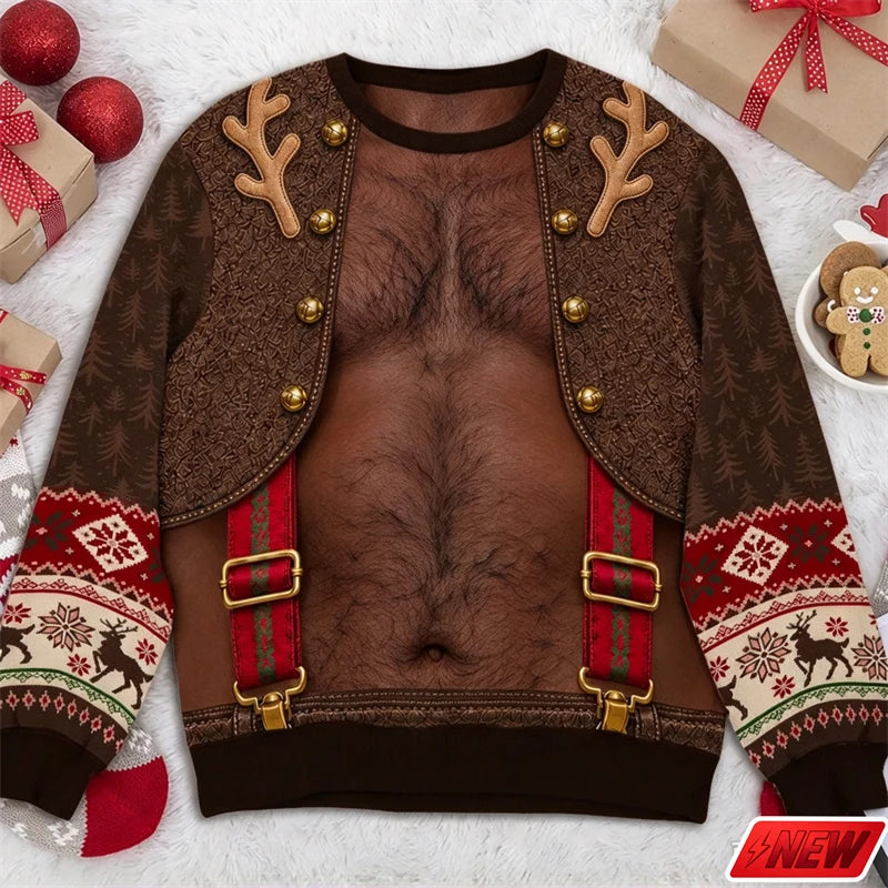 Xmas Sweatshirt Men Funny Cosplay 3D Print Fake Sweater Knit Reindeer Snowflake Pattern Festive Gift New Long Sleeve Sweatshirt