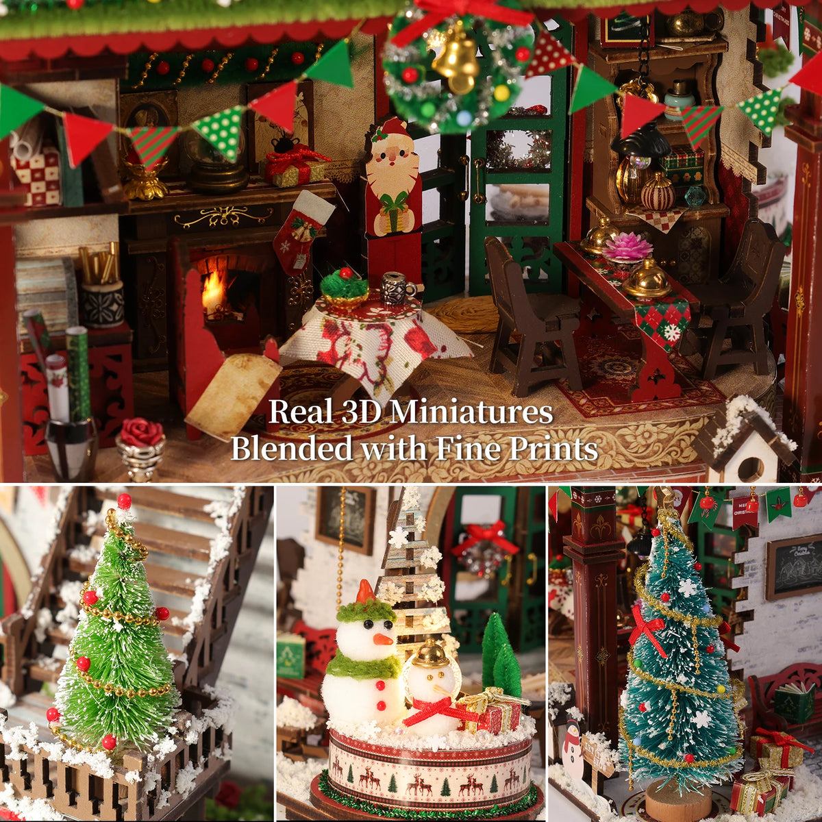 DIY Book Nook Kits, 3D Wooden Bookshelf Insert Decorative Bookend Model Kits ，DIY Winter Christmas Cabin Book Nook Kit