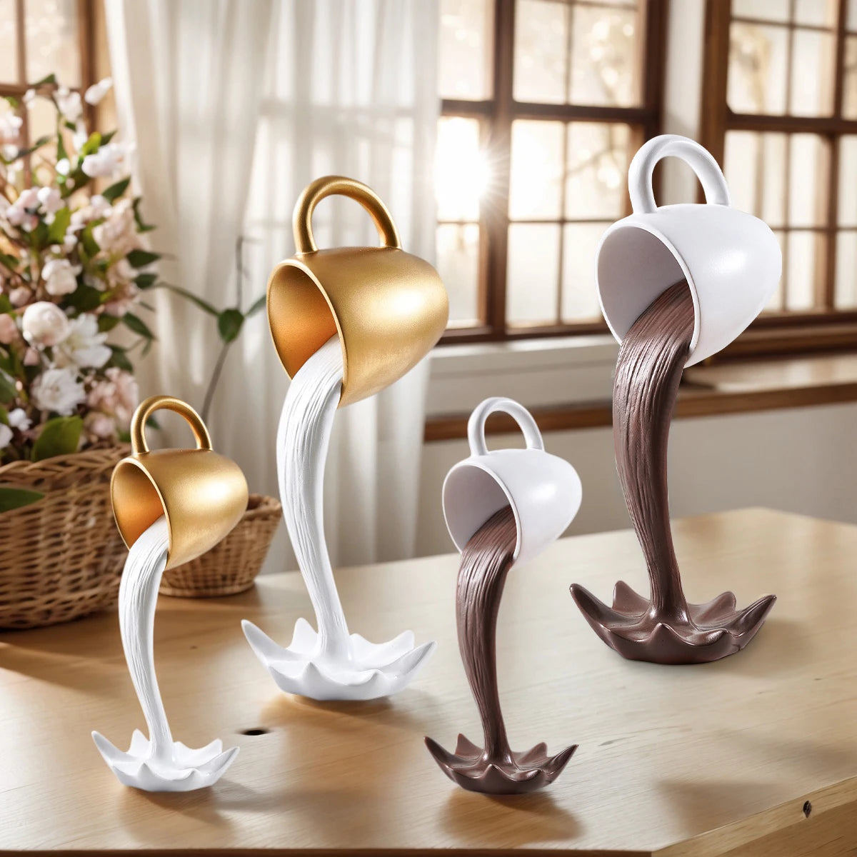 1PC, a three-dimensional suspended anti-gravity tipping coffee cup decorative item made of resin.