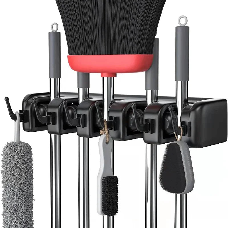 Wall Mounted Mop Holder 3/4/5 Position Multi-Functional Broom Hanger Shelf Kitchen Storage Home Black Plastic Mop Holder