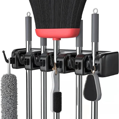 Wall Mounted Mop Holder 3/4/5 Position Multi-Functional Broom Hanger Shelf Kitchen Storage Home Black Plastic Mop Holder