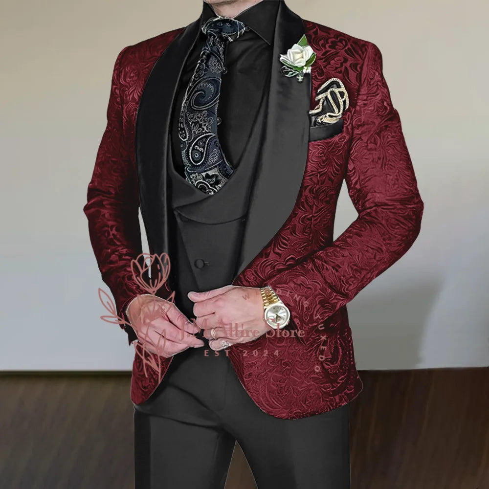 Silver-Grey Jacquard Suit for Men 3Pcs Set Black Satin Jacket Vest Pants Tailored Fit for Wedding Groom Cocktail Party Tuxedo