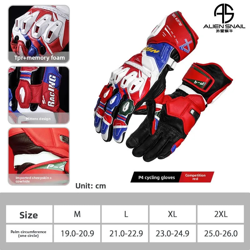 ALIEN SNAIL Motorcycle Racing Gloves Full‑Finger Protective Cowhide TPR Anti‑fall Riding Gloves for Men Women Motorcross Guantes