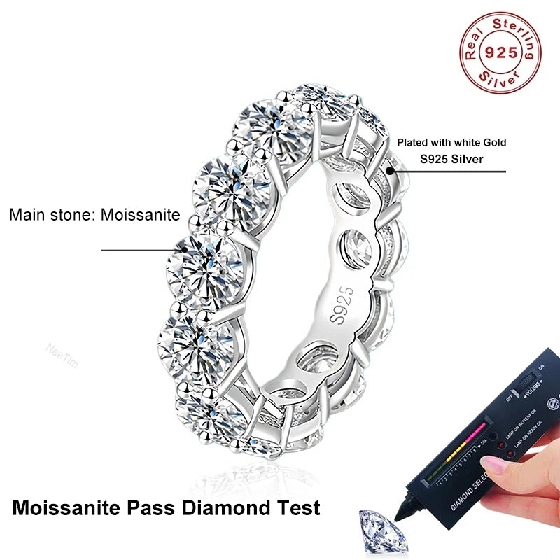 NeeTim 5mm Full Moissanite Ring 925 Sterling Silver with White Gold Plated Wedding Eternity Engagement Rings for Women Jewelry