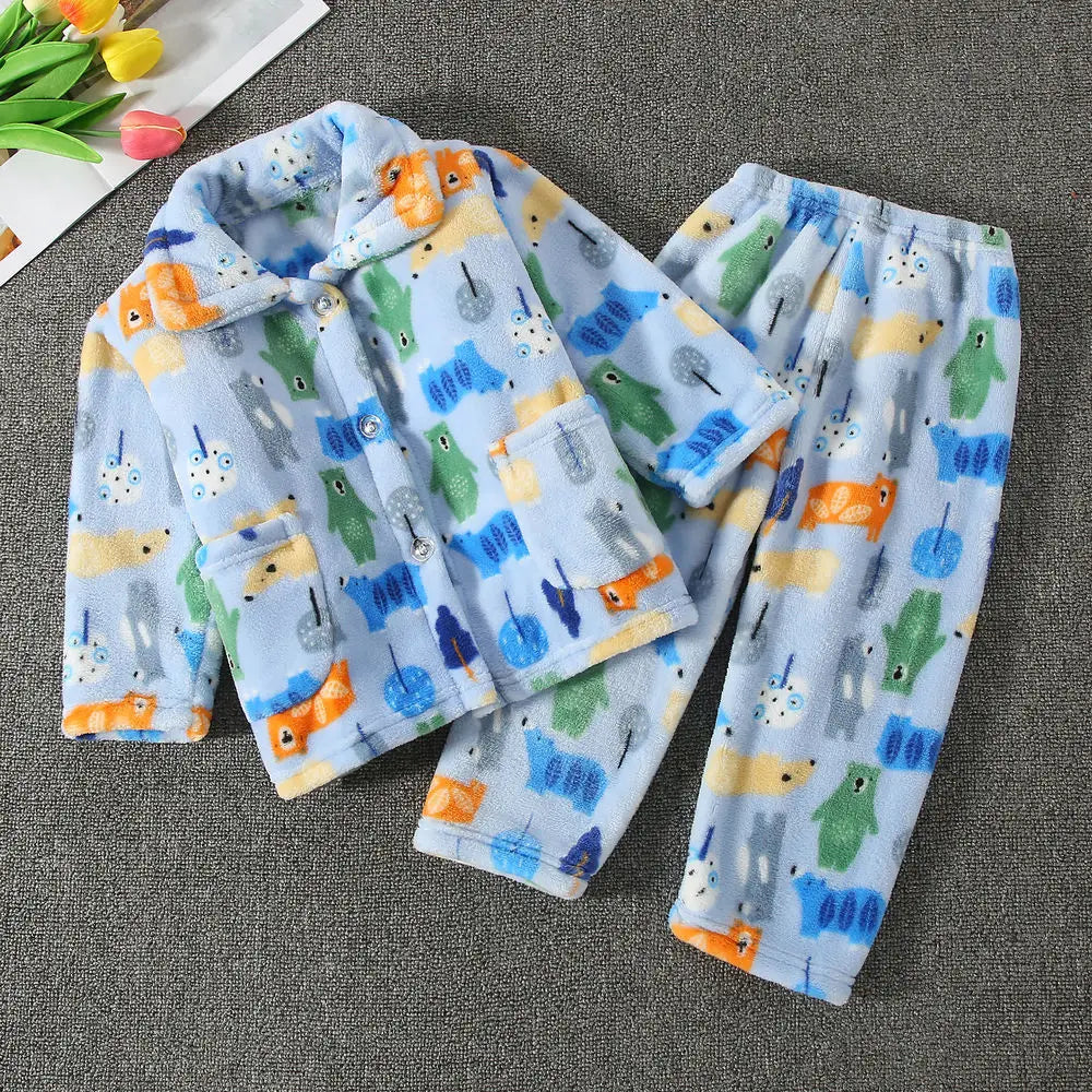 Girls' sleepwear long sleeved flannel children's sleepwear autumn and winter coral fleece boys' baby children's home Clothing se