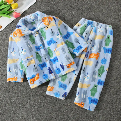 Girls' sleepwear long sleeved flannel children's sleepwear autumn and winter coral fleece boys' baby children's home Clothing se
