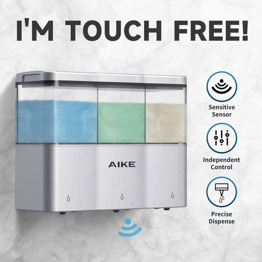 AIKE Touch-Free Bathroom Wall Mount No Drilling Install Triple Chambe Soap Dispenser for Liquid Shower Gel, Shampoo Conditioner