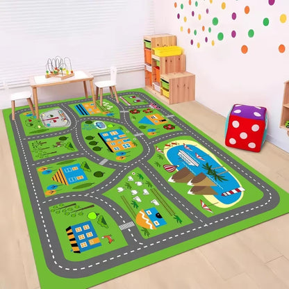 Kids Cartoon City Traffic Road Map Carpet Soft Anti Slip Educational Play Mat for Toddlers Playroom Bedroom Living Room