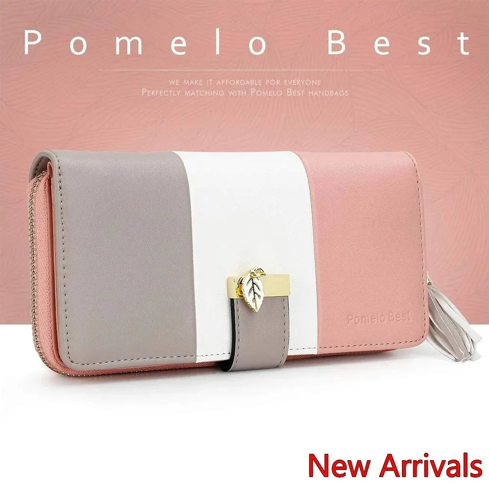 Pomelo Best Tri‑Color Women's Wallet PU Leather Long Zipper RFID Blocking Large Capacity 9 Card Slots Tassel Pendant Fits Phone