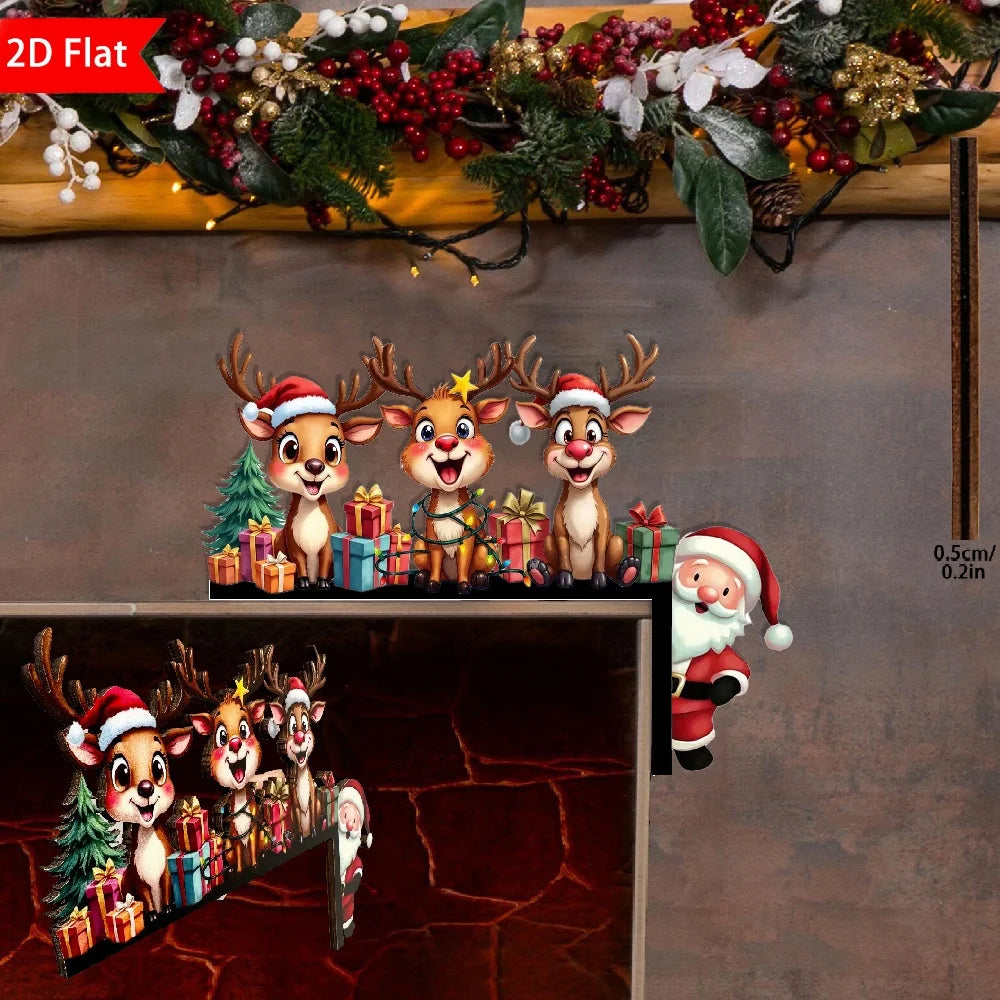 1Pcs 2D Christmas Corner Sign Elk Gift Santa Claus Frame Wooden Door Sitter Home Wall Decors Festive Xmas Decor Gifts