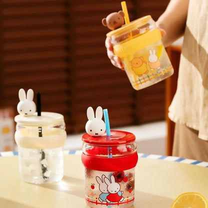 Miffy Anime Cartoon Rabbit Kawaii Glass Cup 450ml Breakfast Milk Juice Cups Cartoon Exquisite Fashion Student Drinking Cups Gift