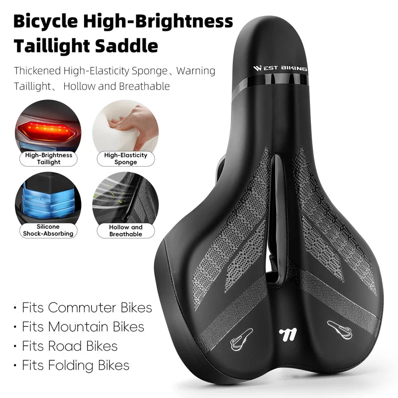 Bike Saddle with LED Taillight 6 Lighting Modes Memory Foam Padding TYPE-C Charging Weatherproof for Night Cycling Safety
