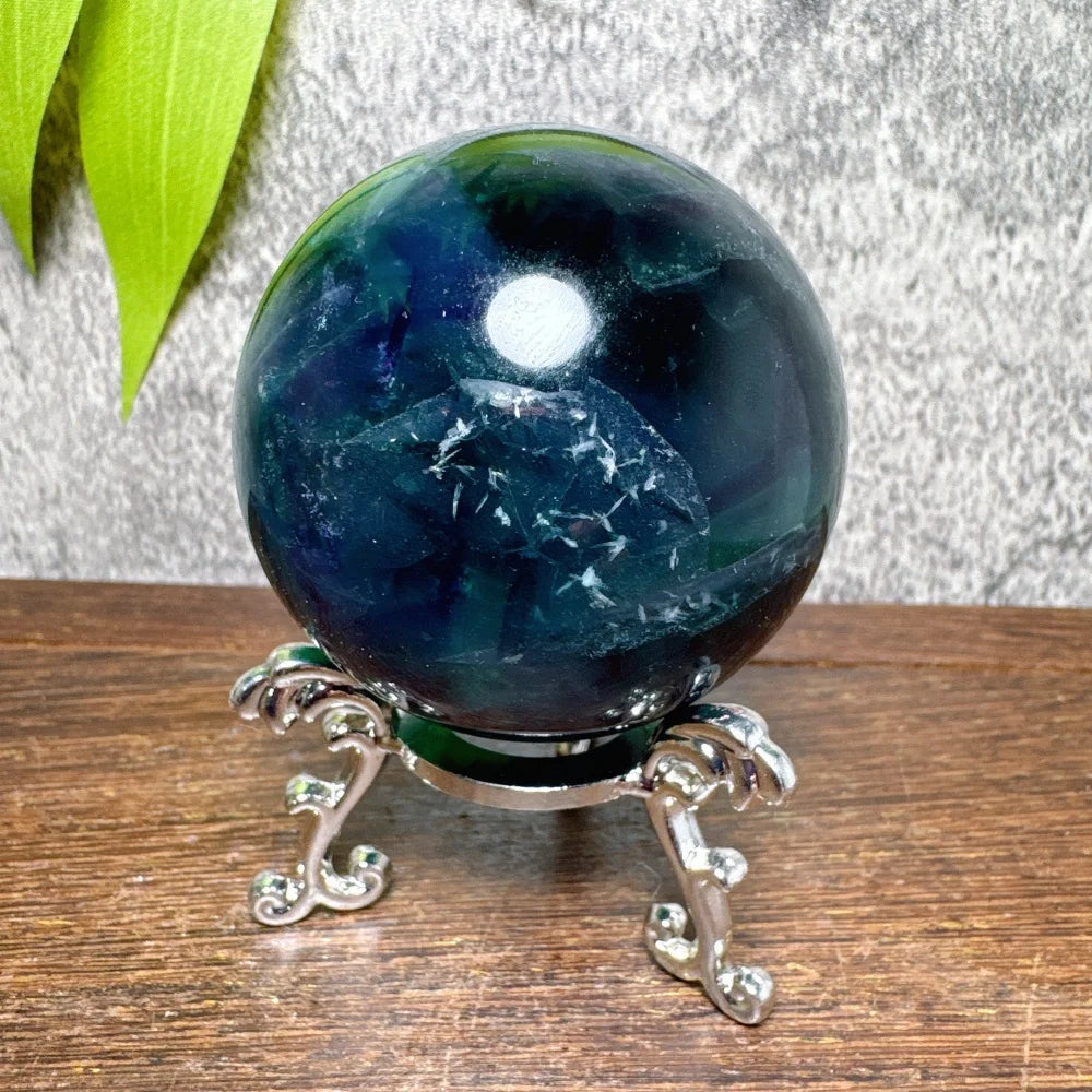 Natural Blue Snowflake Feather Fluorite Spheres Stone Healing Crystal Reiki Energy Home Scene Decorations Gifts+Stand