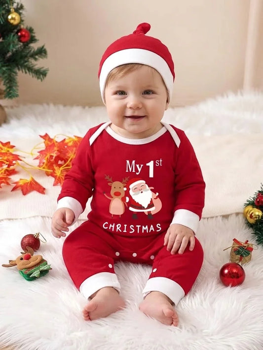 Christmas Limited Edition round Neck Romper Suit with Hat for Newborn Baby Spring Autumn Wear