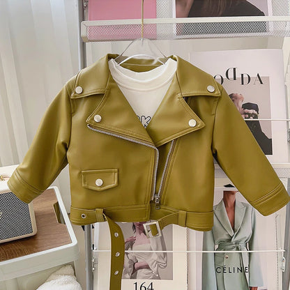 Motorcycle Girls Handsome Leather Jacket Spring Autumn New Short Style Lapel Zipper Coat For 2-8 Years Kids Fashion Pu Outerwear