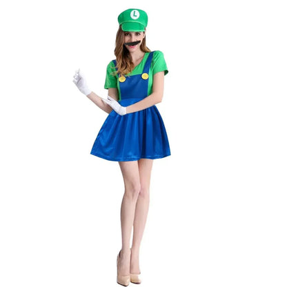 Anime Super Luigi Brothers Cosplay Adult Costume Super Brothers CostumeJumpsuit Beard Hat Set Halloween Costume Props Men Womens
