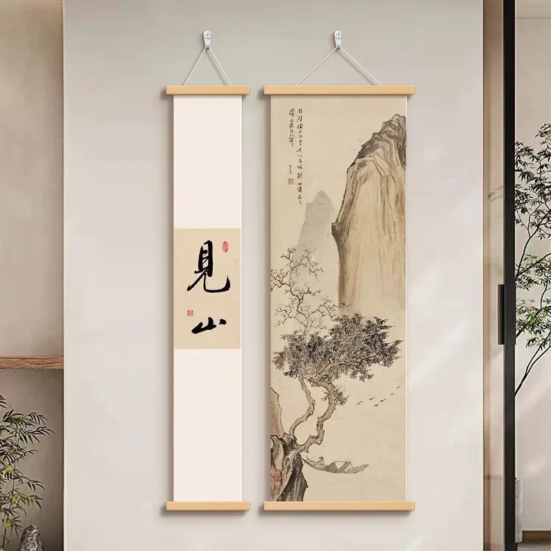 New Chinese Zen Tapestry Wall Hanging She De Calligraphy Ink Landscape Art for Study Tea Room Corridor Room Decoration