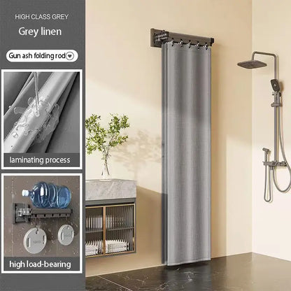 Foldable Shower Curtain Rod Set, Waterproof High-End Bathroom Partition for Wet and Dry Separation, with a Folding Rack