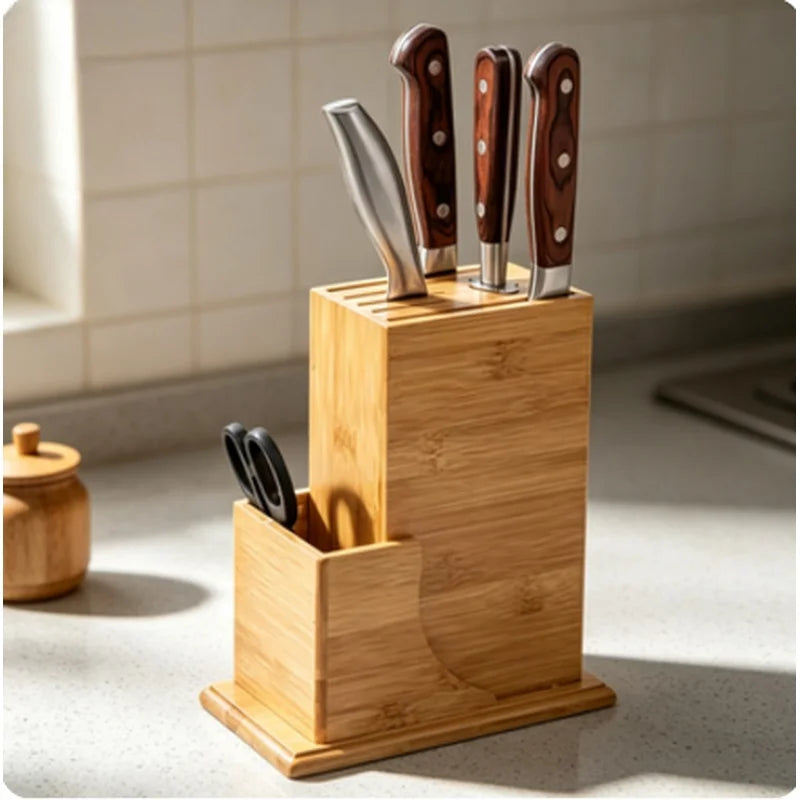 7-Slot Bamboo Knife Block Without Knives Kitchen Countertop Knife Storage Utensil Organizer Holder