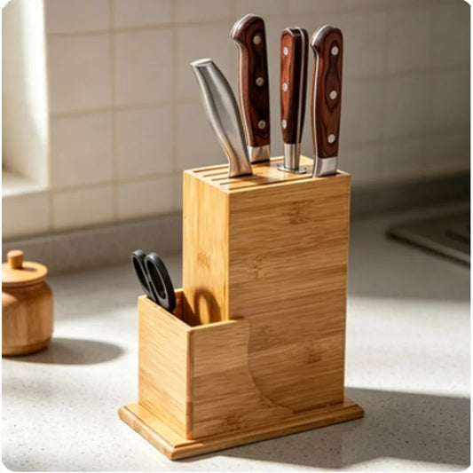 7-Slot Bamboo Knife Block Without Knives Kitchen Countertop Knife Storage Utensil Organizer Holder