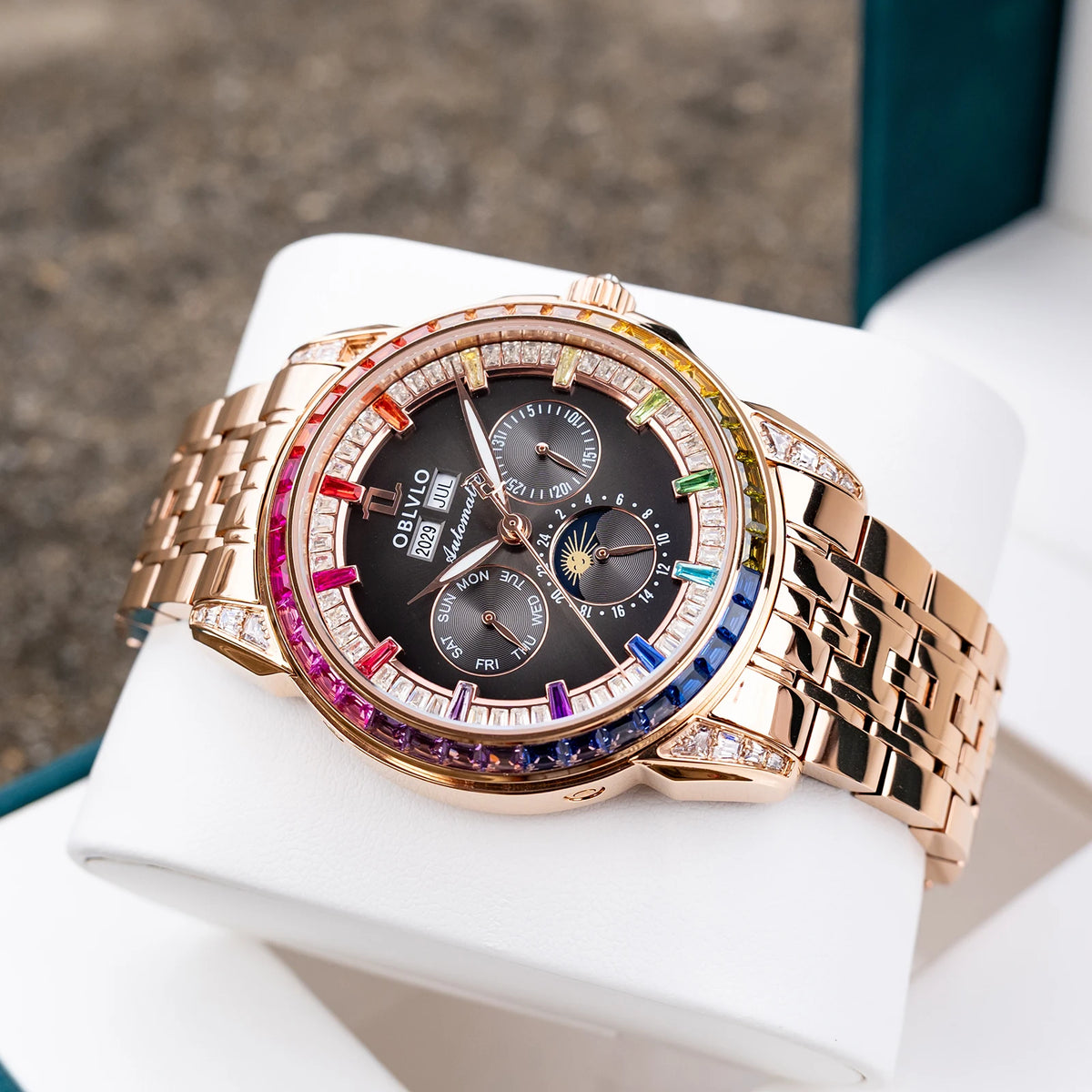 OBLVLO Men's Multifunctional Mechanical Watch with Colorful Zircon Moonphase Elegant Rose Gold Bracelet Band GCM-MUT