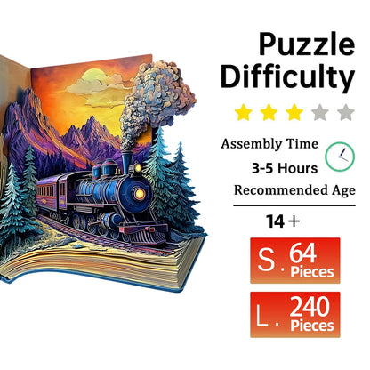 Wooden Puzzle for Adults - the Train in the Book Puzzle, Unique Shape Wooden Jigsaw Puzzles, Modern Art Home Decor
