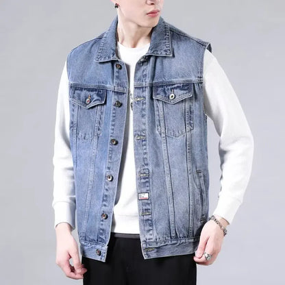 High end retro denim vest, men's sleeveless lapel, vest vest, vest, vest, vest, vest, vest, vest, multi pocket workwear