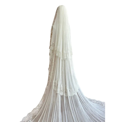 Luxury White Sheer Cathedral Veil with Tiered Lace Trim and Pleated Tulle Long Bridal Headpiece Customized V265190