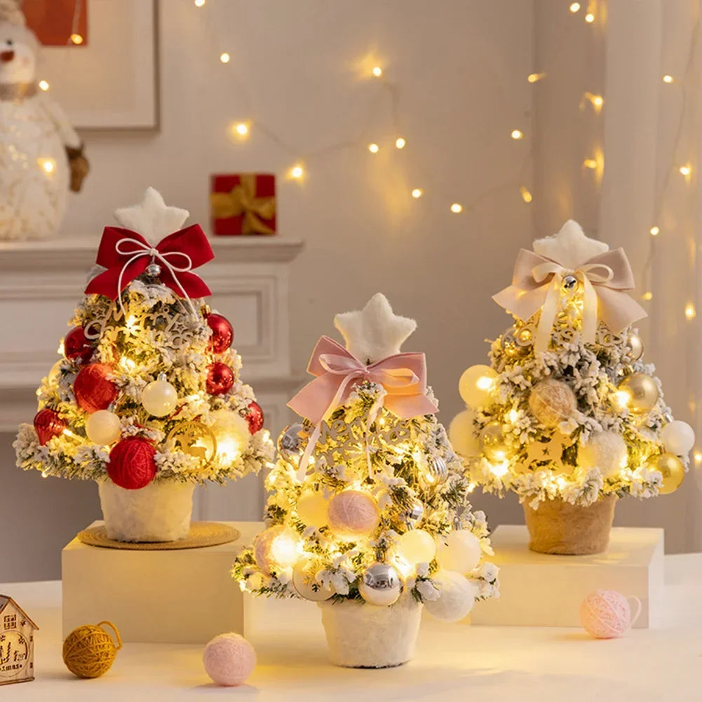 2025 Mini Flocking Christmas Tree with Golden Red Ball Led Lights Desktop New Year Home Christmas Decorations