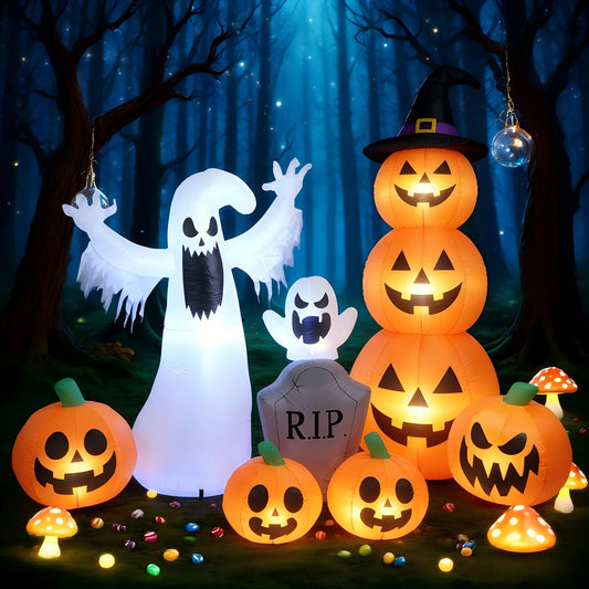 Inflatable 3 Pumpkins with 2 White Ghosts Blow Up Halloween Decoration for Inside Outside Yard Garden Party Festival