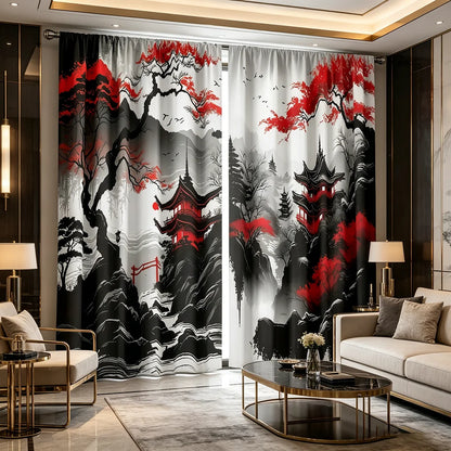 2 Pieces of Japanese Style New Chinese Ink Pattern Printed Curtains with Pole Bag Design, Suitable for Bedrooms and Living Rooms