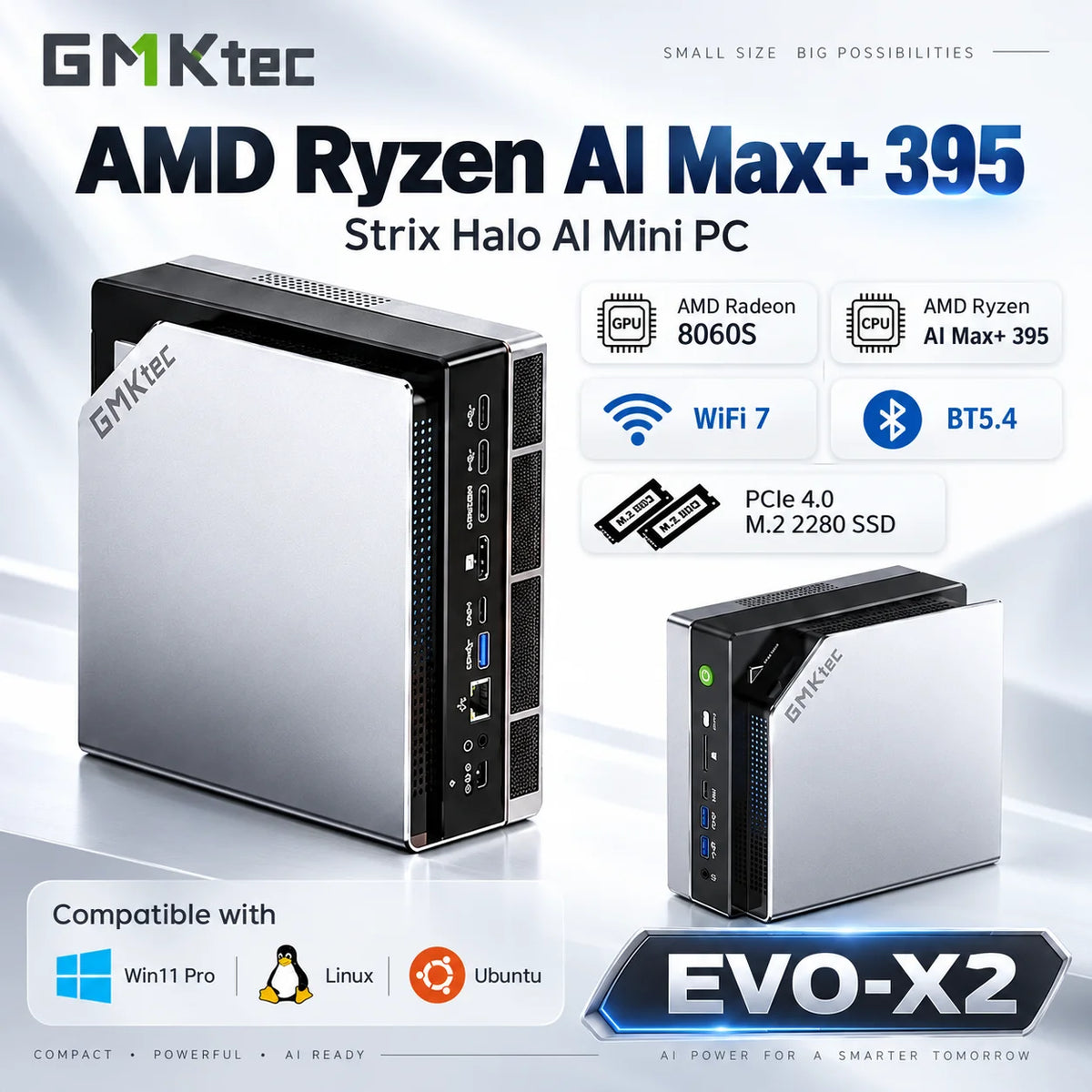 GMKtec AI Mini PC EVO-X2 AMD Ryzen Al Max+ 395 Strix Halo 128GB LPDDR5X  2TB PCIe4.0 2.5G LAN WiFi 7 BT5.4 Mini Gaming Computer